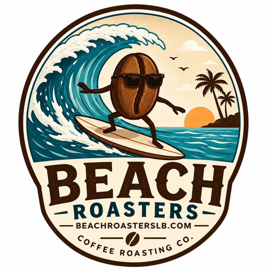 Beach Roasters — surfing coffee bean badge